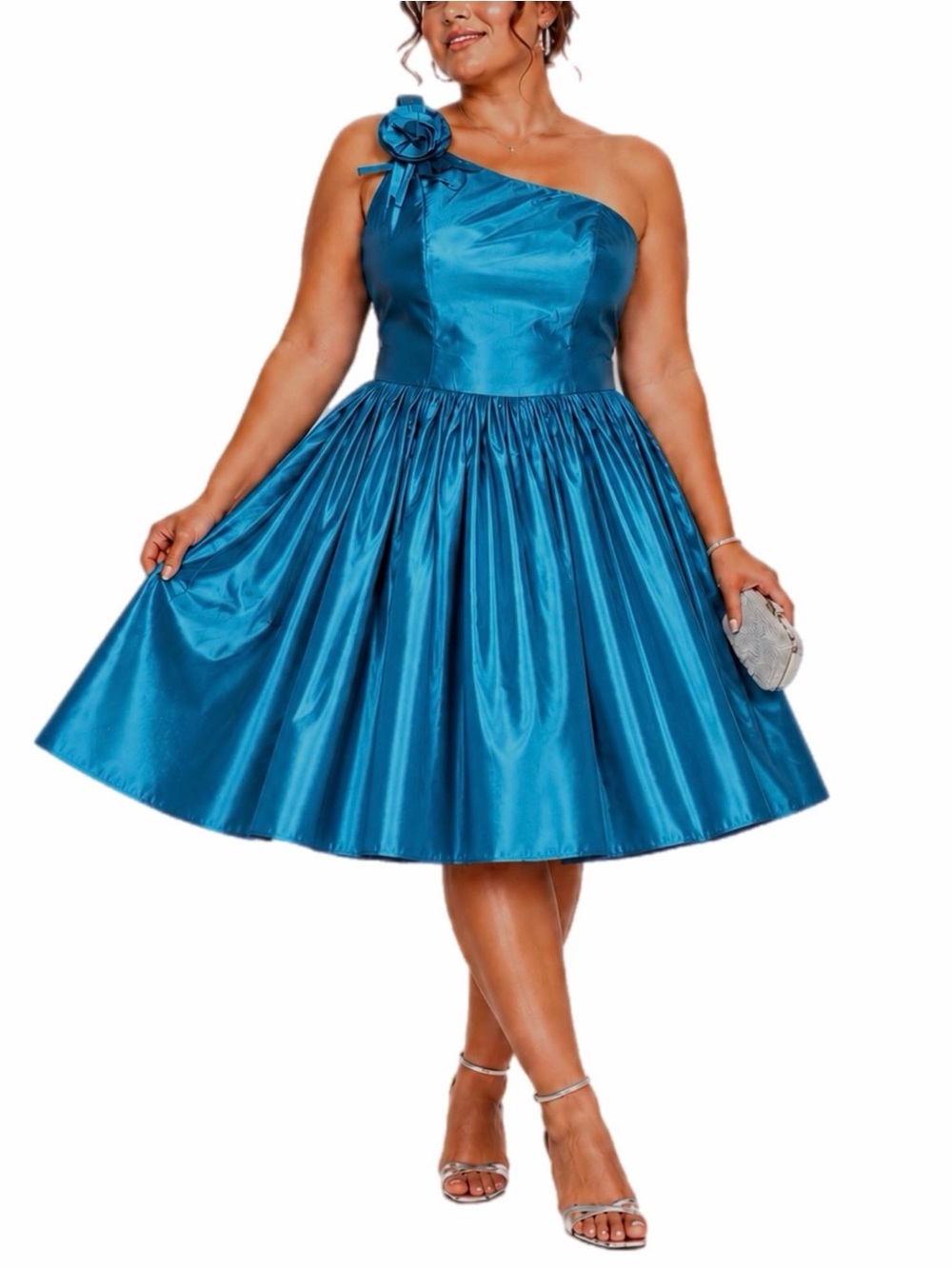 JS Collections One-Shoulder Blue Taffeta Fit & Flare Cocktail Dress Size 16